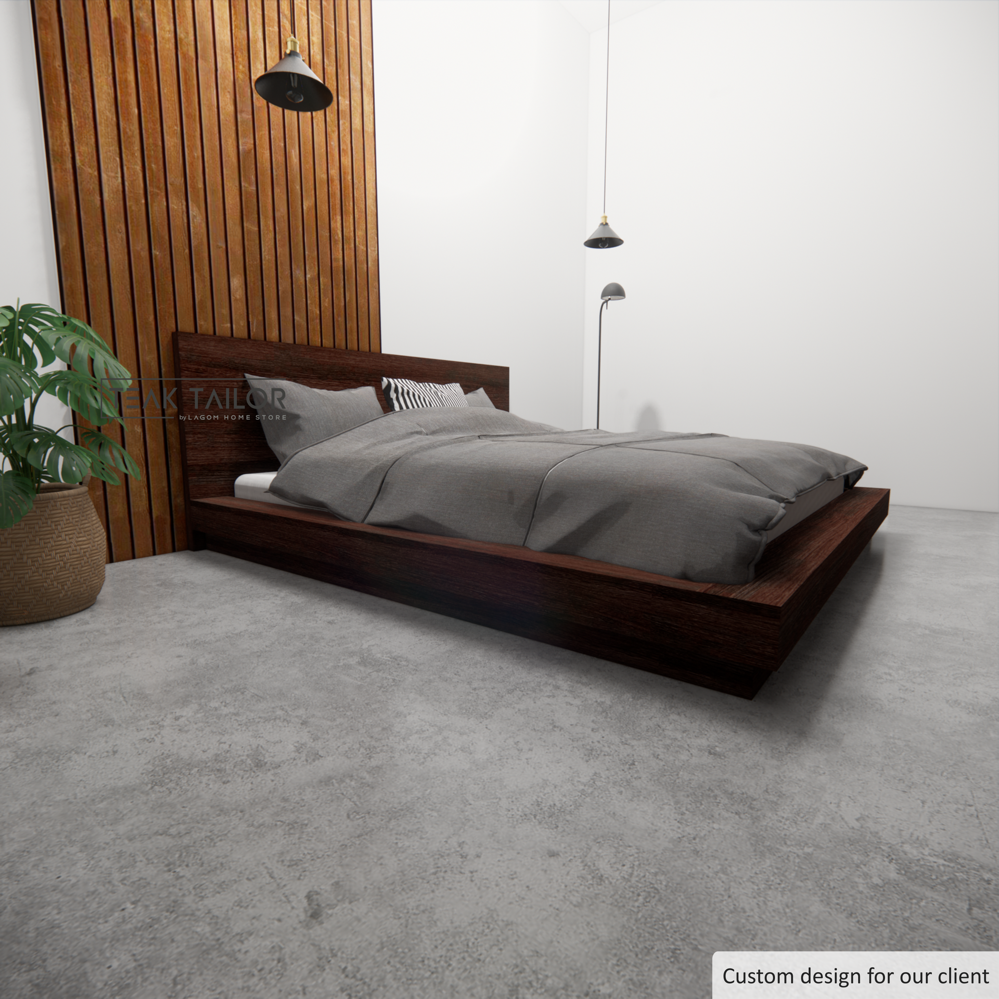 Modern Floor Bed Frame in Solid Teak Wood