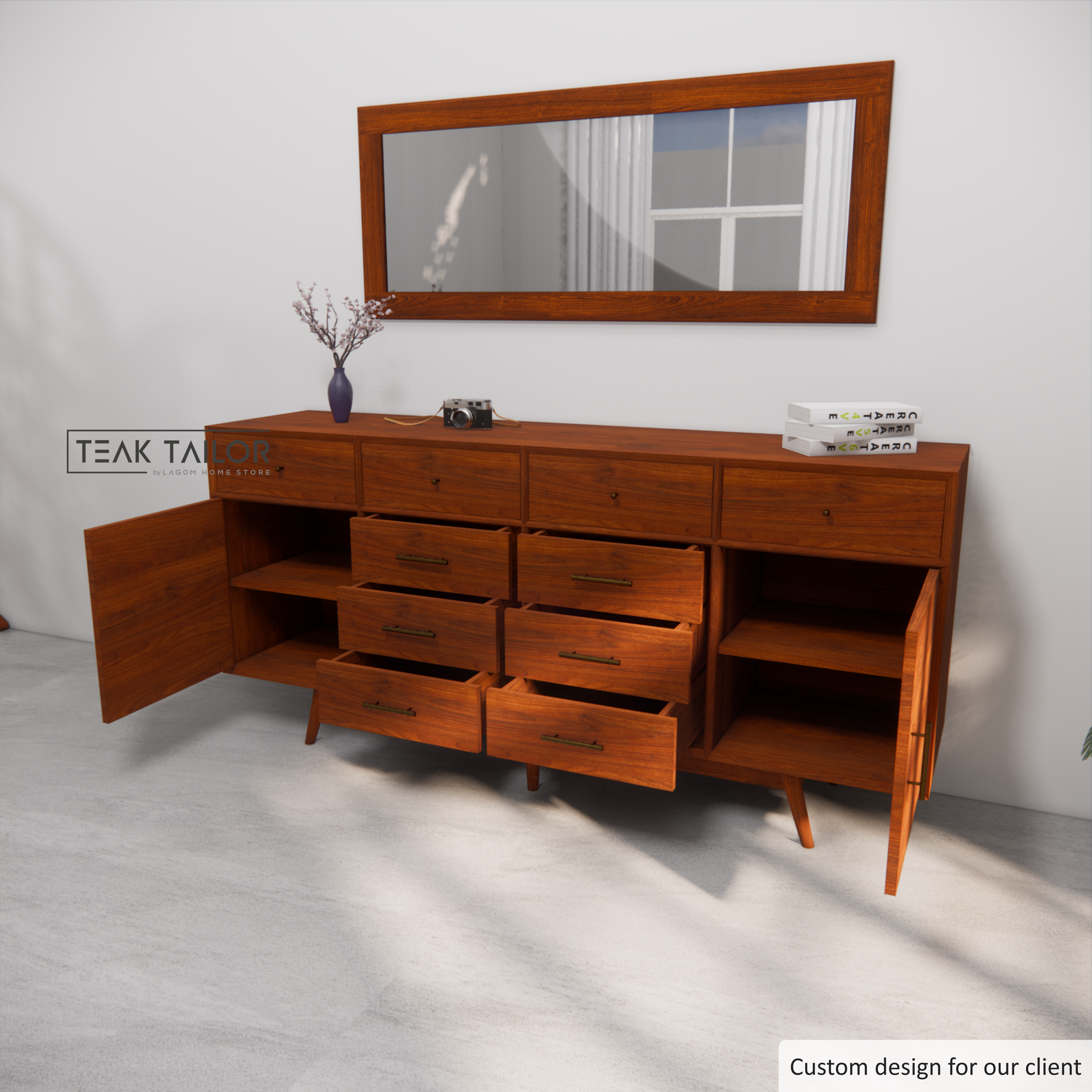 Large Teak Buffet with 10 Drawers & 2 Doors