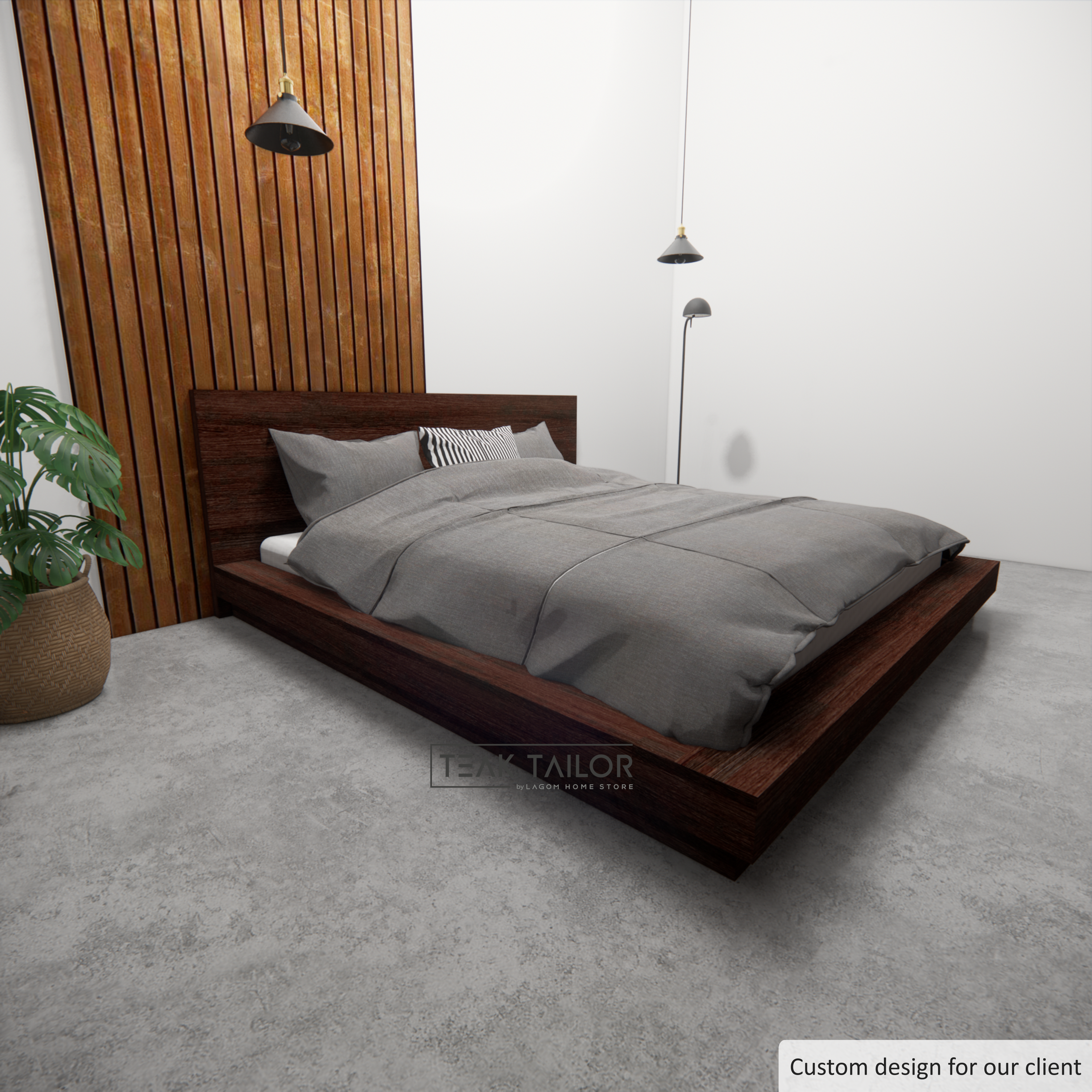 Modern Floor Bed Frame in Solid Teak Wood