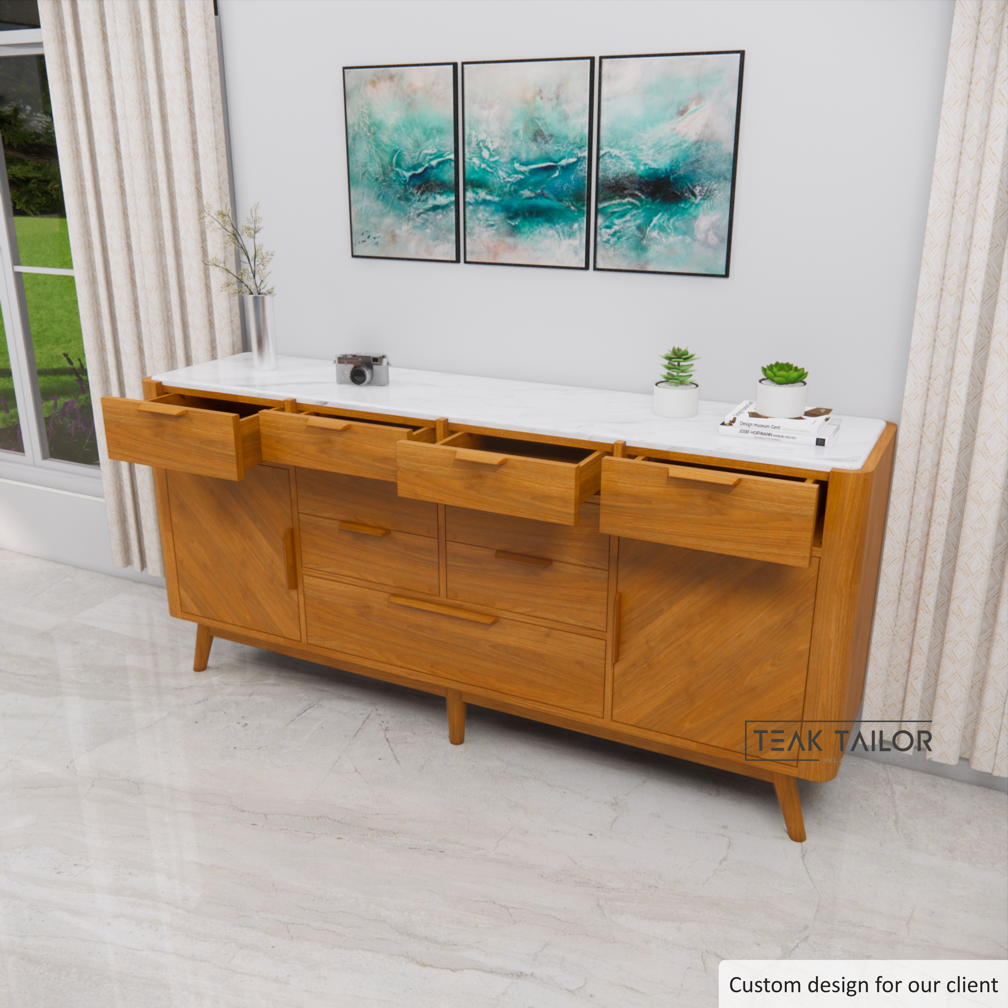 200 cm Solid Teak & Marble Buffet