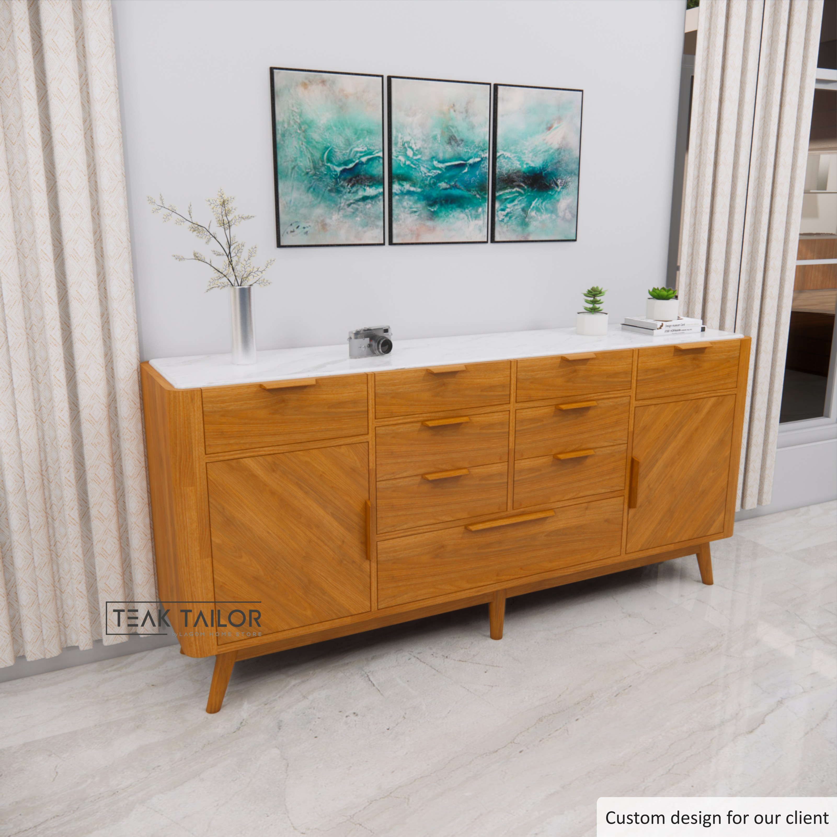 200 cm Solid Teak & Marble Buffet