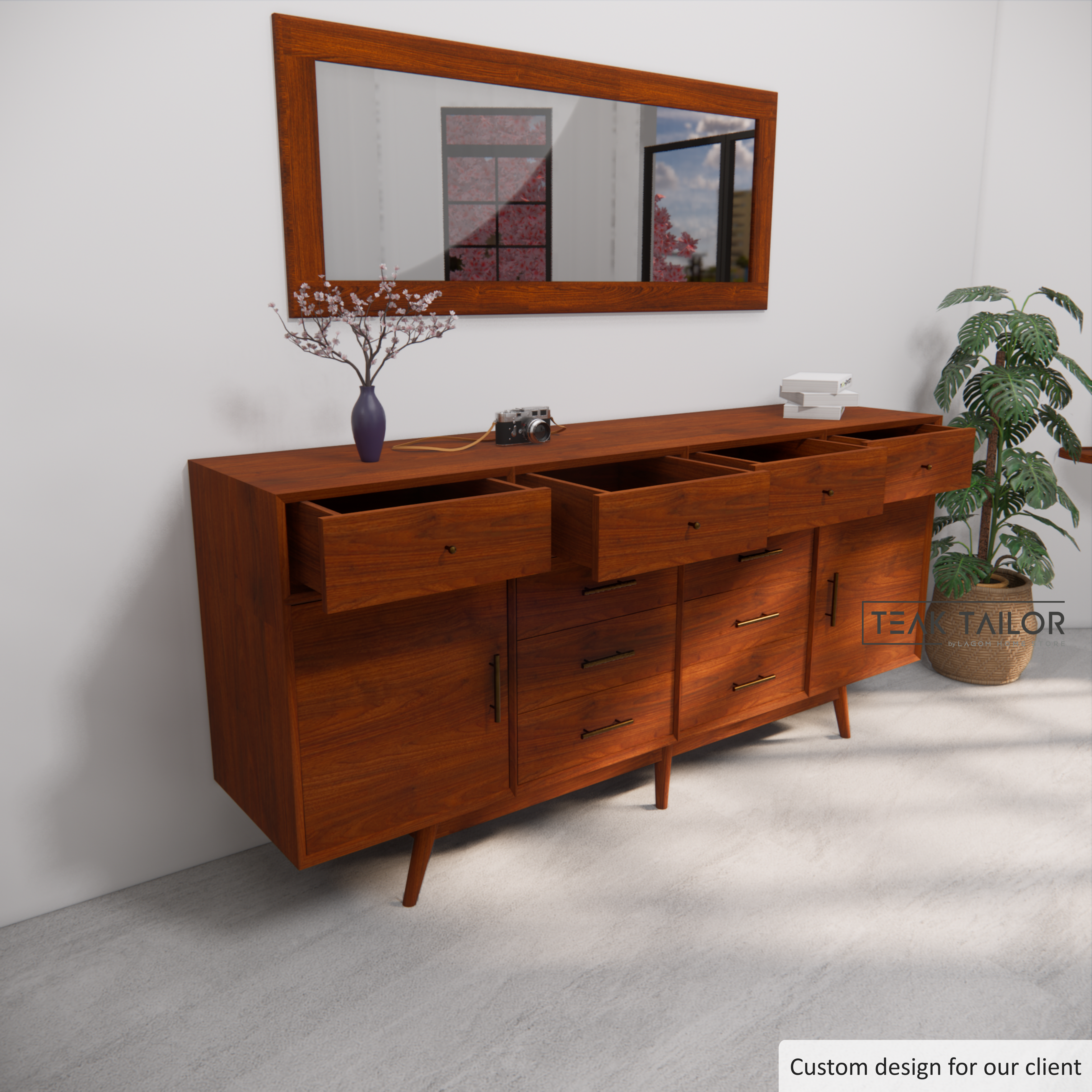 Large Teak Buffet with 10 Drawers & 2 Doors