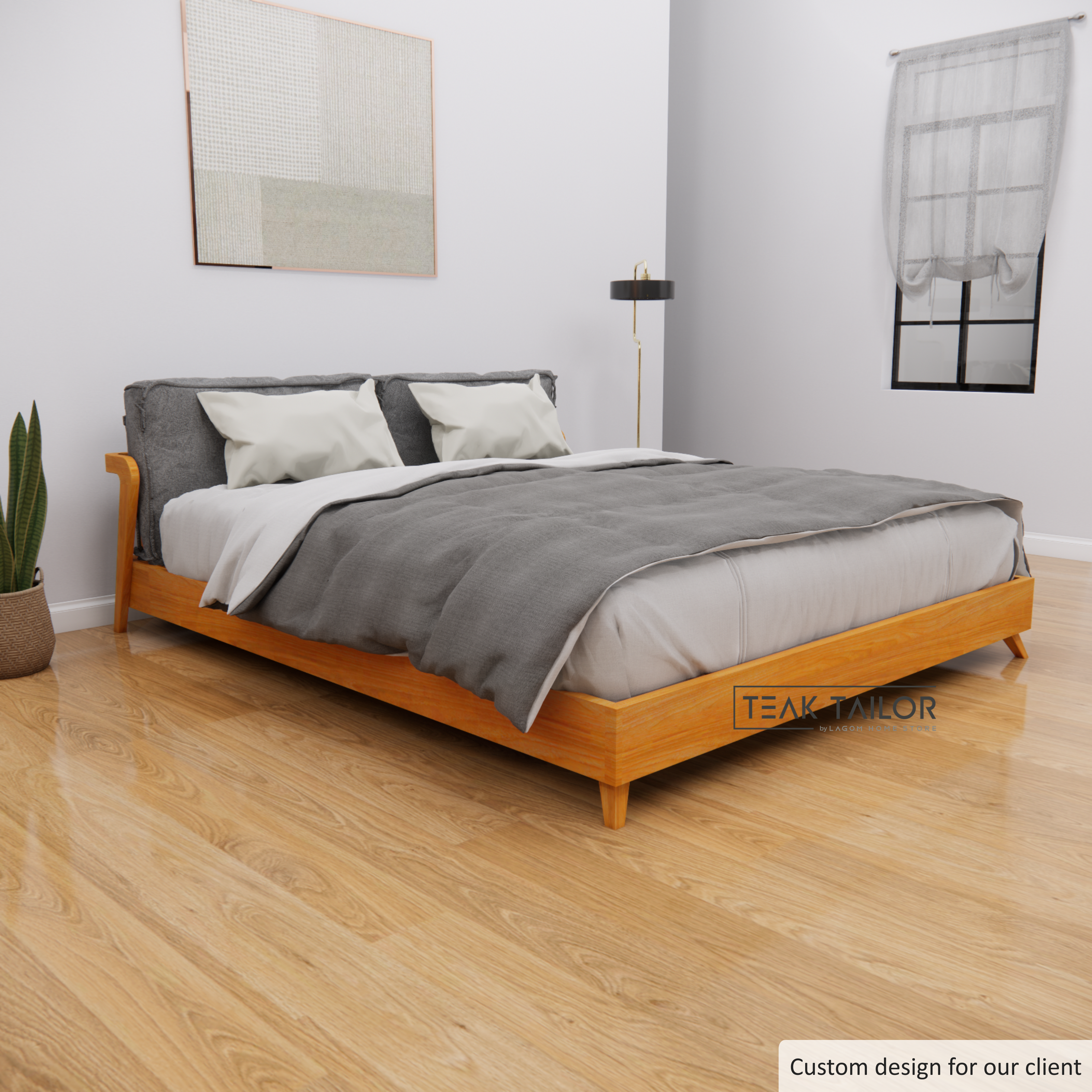 Elegant Teak Bed Frame with Removable Cushion Headboard