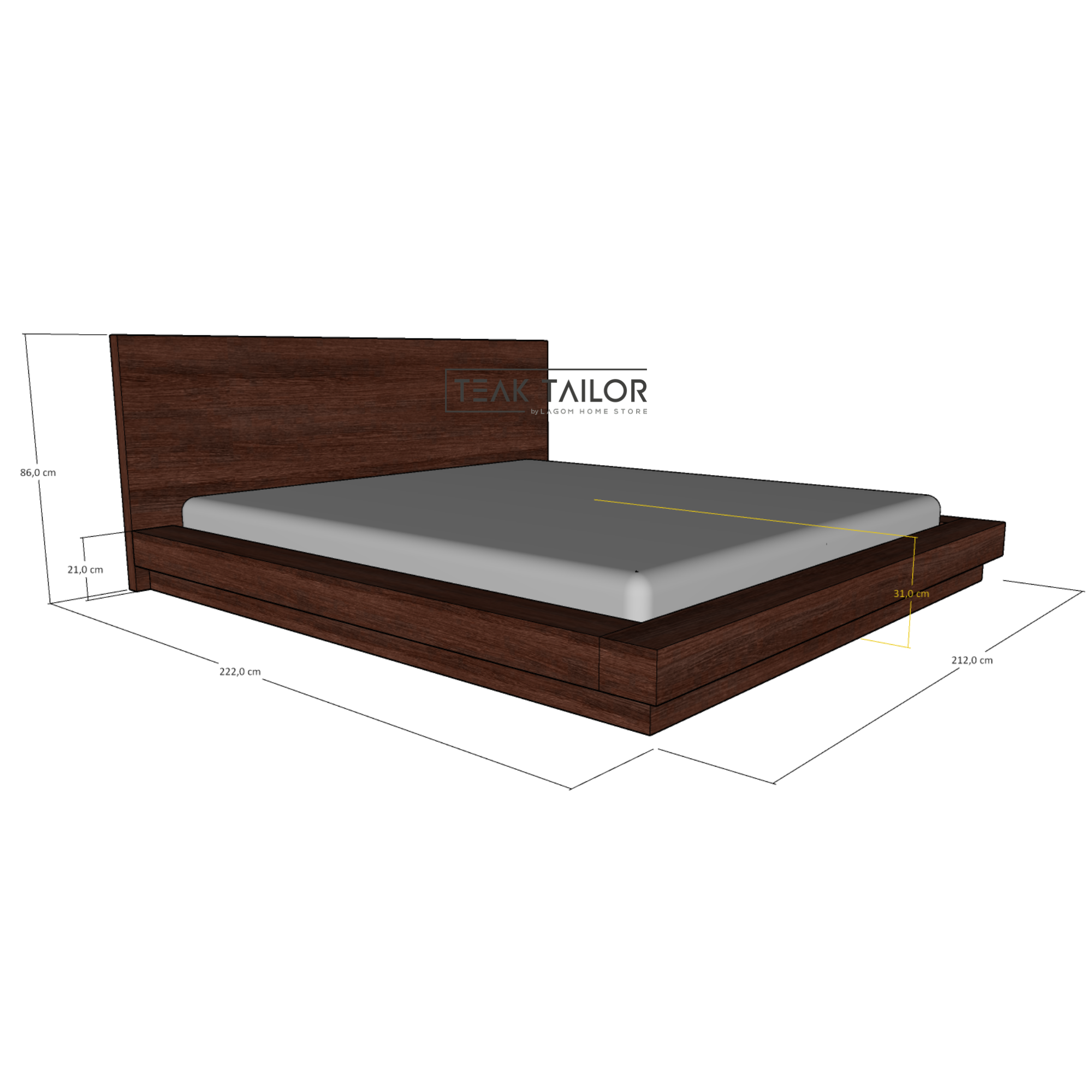 Modern Floor Bed Frame in Solid Teak Wood
